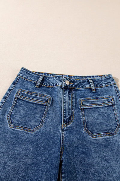 Women's Sky Blue High-Rise Patch Pocket Straight Leg Jeans