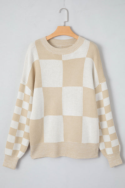 Cozy Women's Flaxen Checkered Drop Shoulder Knit Sweater - Stylish, Soft Fit for Casual Chic Looks