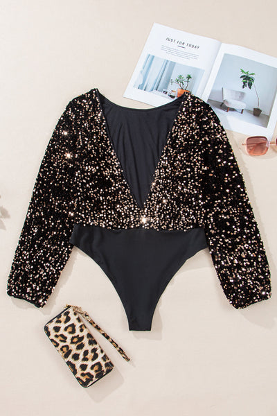 Women's Black Sequin Puff Sleeve Bodysuit with Deep V Back - Chic Party Top for Effortless Glam and Sophisticated Style