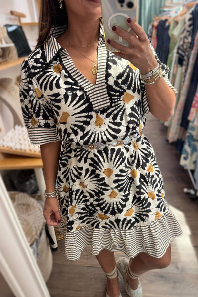 Trendy Women's Black Floral Mini Dress with Striped Collar and Ruffle Hem - Perfect for Summer Outings and Parties