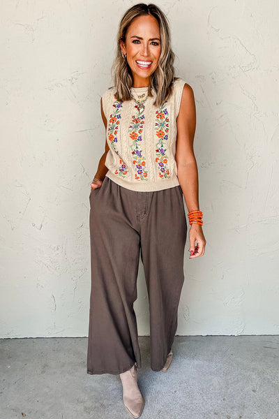 Cozy Women's Floral Embroidered Cable Knit Sweater Vest in Jet Stream - Ideal for Layering and Fall Styles