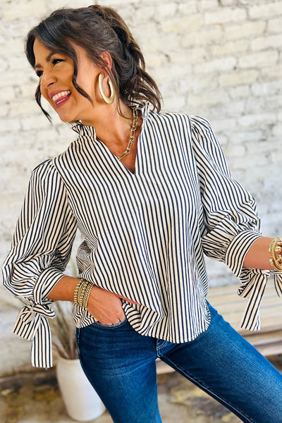 Elegant Women's Black and White Striped V-Neck Blouse with Knotted Cuffs Versatile Long Sleeve Top for Any Occasion