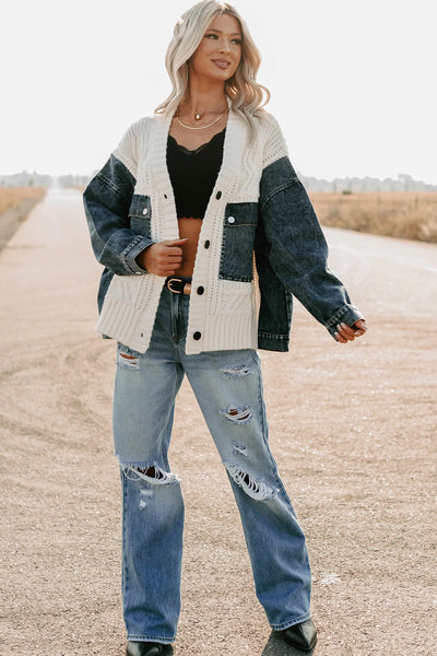Cozy Oversized Beige Women's Chunky Knit Cardigan with Denim Patchwork for Chic Fall Fashion