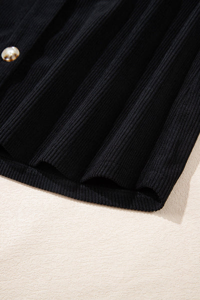 Stylish Women's Black Corduroy Hooded Shacket with Drawstring and Pockets - Perfect Casual Layering for Every Season
