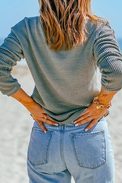 Women's Cozy Green Waffle Knit Long Sleeve Top with Drop Shoulders Casual Chic Style for Effortless Everyday Wear