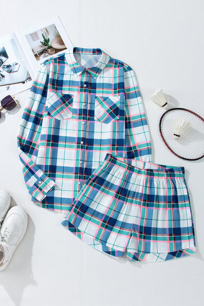 Cozy Women's Blue Plaid Lounge Set: Casual 2-Piece Summer Outfit with Relaxed Fit Shirt and Shorts for Ultimate Comfort