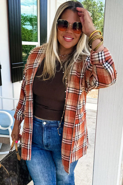 Chic Women's Orange Plaid Shacket with Raw Edge and Open Front for Effortless Fall Layering and Casual Style
