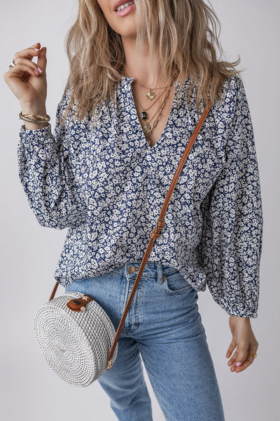 stylish women's blue floral puff sleeve blouse with notched v-neck - comfortable summer top for effortless chic made for easy styling and wardrobe