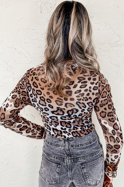 Stylish Women's Brown Leopard Print Long Sleeve Mesh Top - Versatile Round Neck Blouse for Casual or Dressy Looks
