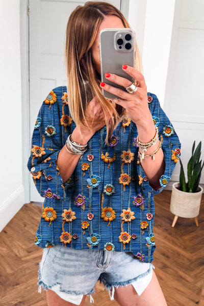 Women's Relaxed Fit Blue Floral Print Blouse - Stylish Short Sleeve Summer Top for Casual Outings and Everyday Wear