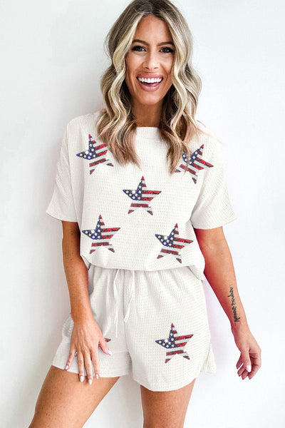 Women's Star Spangled Sequin White Waffle Knit Shorts Set