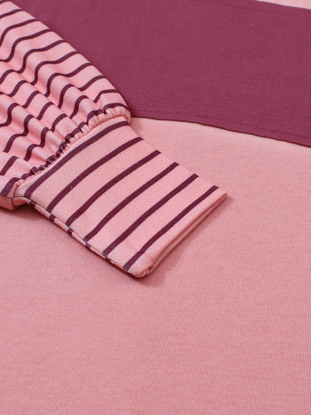Peach Blossom Striped Bishop Sleeve Patchwork Top with Color Block