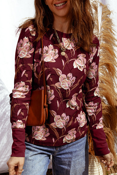 Women's Casual Chic Red Floral Waffle Long Sleeve Top Effortless Everyday Style for Modern Fashionistas
