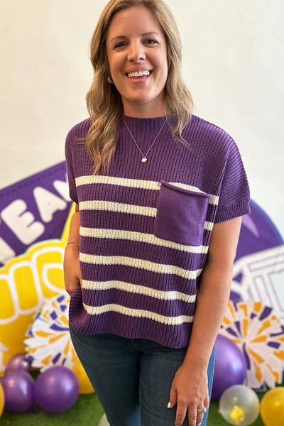 Casual Women's Purple Stripe Knit Sweater with Raw Edge and Patched Pockets - Short Sleeve Everyday Top