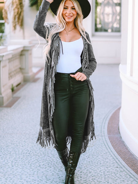 Women's Chic Black Fringed Hem Cardigan with Pockets