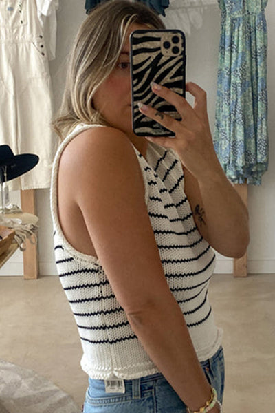 Striped Black Knit Sleeveless Crew Neck Vest