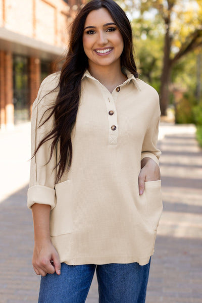 Women's Relaxed Fit Jet Stream Waffle Long Sleeve Collared Top - Versatile Casual Layering Piece for All Seasons