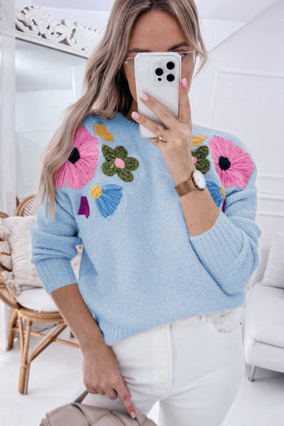 Cozy Women's Light Blue Ribbed Floral Sweater - Stylish Knit Top for Every Season, Perfect for Casual Outings