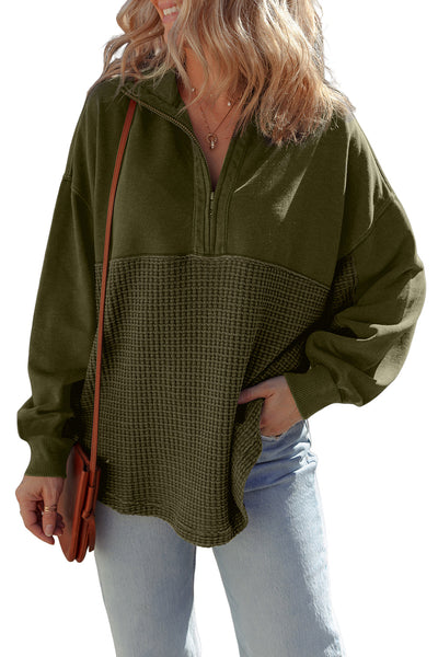 Women's Cozy Moss Green Waffle Knit Half-Zip Sweatshirt - Stylish Patchwork Design for Casual Comfort