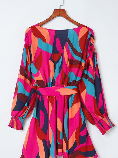 Lapel Print Lace-Up Long Sleeve Dress