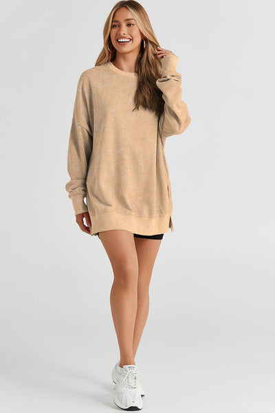 Casual Women's Oversized Khaki Sweatshirt with Drop Shoulders & Ribbed Trim for Effortless Comfort and Chic Style