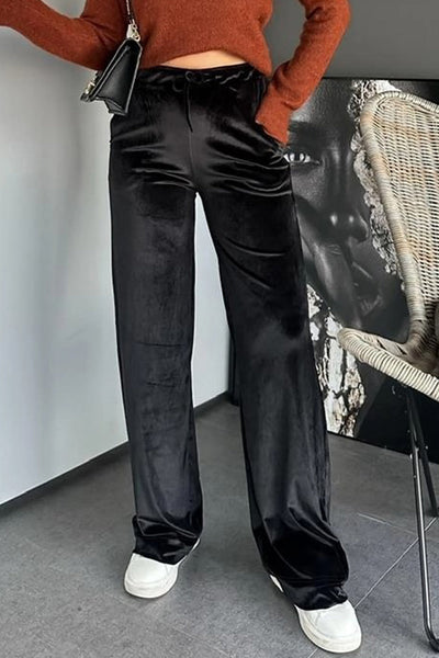 Chic Women's Black Velvet High Waist Straight Leg Pants with Adjustable Drawstring for a Flattering Fit