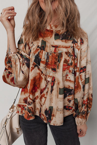 Trendy Women's Multicolor Retro Abstract Blouse with Zip Back and Long Puff Sleeves for Casual Chic Outfits