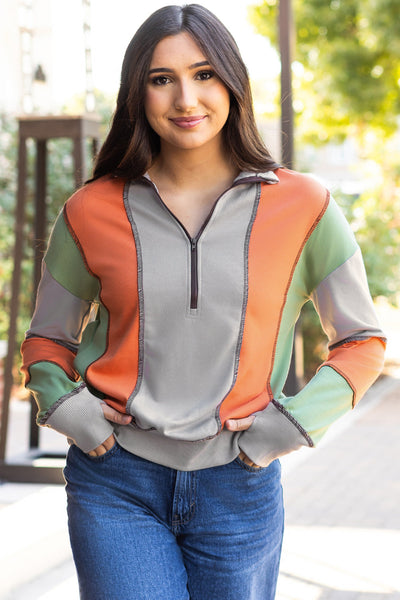 Women's Light Grey Color Block Half-Zip Sweatshirt with Stylish Stitching for Ultimate Casual Comfort