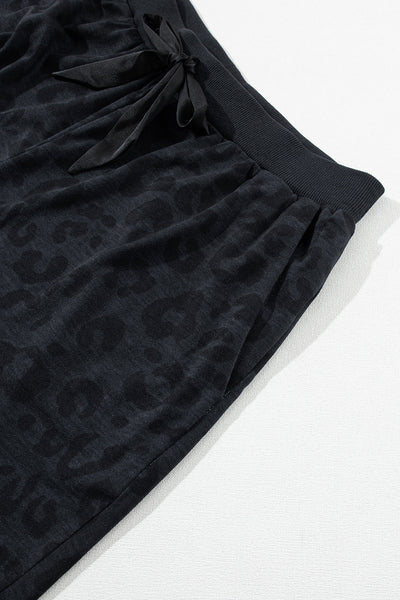 Leopard Print Satin Bow Lounge Set with Long Sleeve Top and Tie Shorts