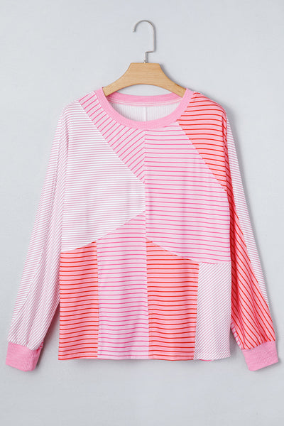 Women's Sachet Pink Patchwork Striped Long Sleeve Knit Top
