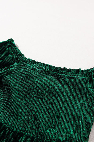Women's Smocked Ribbed Velvet Babydoll Top in Blackish Green - Chic and Comfortable for Effortless Everyday Style