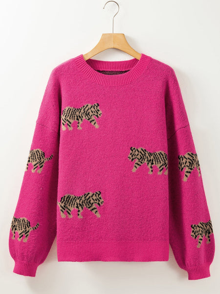 Fierce Leopard Print Rose Red Knit Sweater for Casual Chic