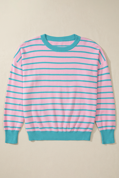 Cozy Women's Pink Striped Loose Sweater with Drop Shoulders & Round Neck - Effortless Casual Knit Top for Relaxed Style