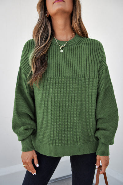 Women's Vineyard Green Mixed-Texture Knit Crewneck Sweater