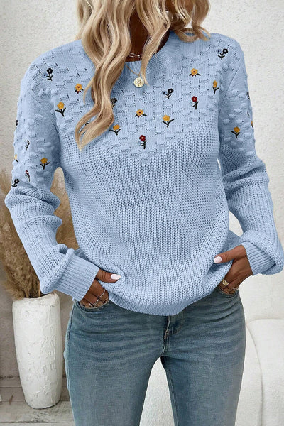 Women's Beau Blue Casual Sweater - Stylish Mixed Texture with Flower Embroidery for Comfortable Everyday Wear