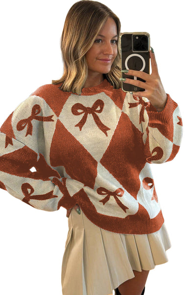 Cozy Women's Orange Bow Print Two-Tone Knit Sweater - Relaxed Fit for Effortless Everyday Style