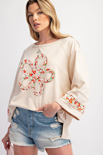 Women‚Äôs Beige Floral Graphic Blouse with Exposed Seams and Wide Sleeves - Perfect for Casual Chic Style