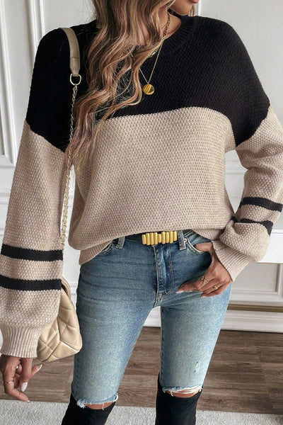 Cozy Parchment Color Block Sweater for Women with Striped Sleeves Effortless Casual Chic Knitwear for Any Occasion