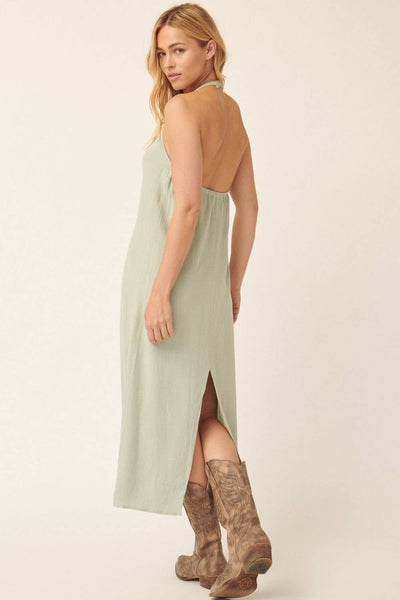 Solid Woven Keyhole Open-Back Maxi Dress
