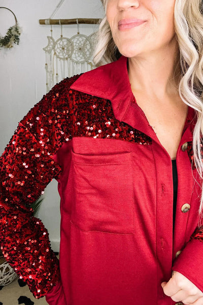 Trendy Women's Racing Red Sequin Patchwork Shacket with Double Chest Pockets Stylish Layering Essential
