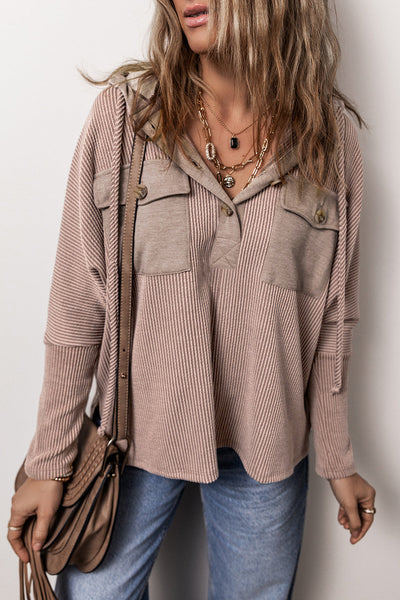 Casual Women's Dark Brown Patchwork Hoodie with Flap Pockets & Adjustable Drawstring for Everyday Comfort