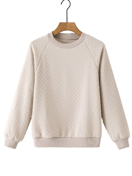 Cozy Beige Quilted Texture Pullover with Raglan Sleeves