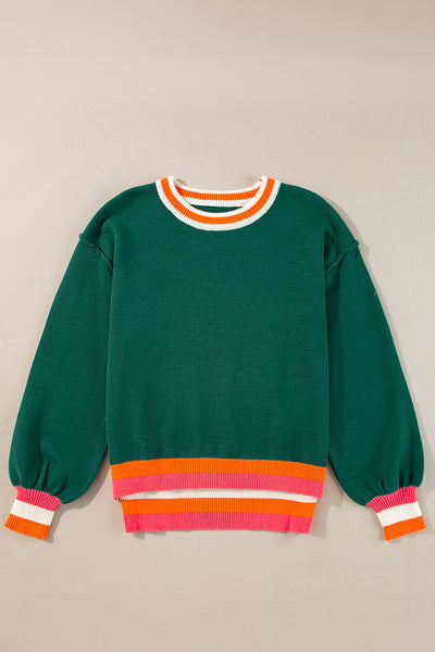 Cozy Women's Blackish Green Colorblock Striped Drop Shoulder Sweater - Stylish Layering Essential for Fall Fashion