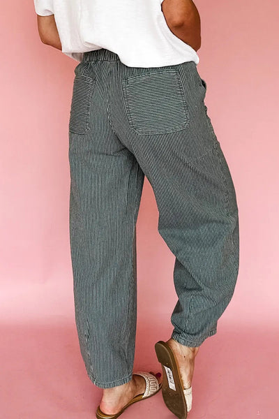 Women's Casual Black Stripe Ankle-Length Pants with Drawstring Waist for Effortless Everyday Comfort and Style