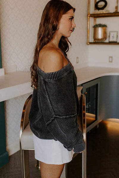 Cozy Women's Black V-Neck Knit Sweater with Exposed Seams & Drop Shoulders - Relaxed Fit for Effortless Style