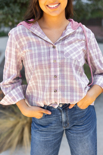 Women's Pink Checkered Hooded Shacket - Relaxed Fit Button-Up Jacket for Casual Chic Comfort and Everyday Style
