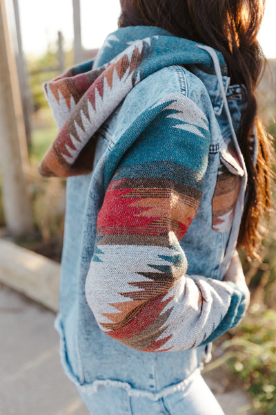 Trendy Women's Multicolor Aztec Print Denim Jacket with Frayed Hem Stylish Casual Fall Outerwear for Layering made for easy styling and wardrobe