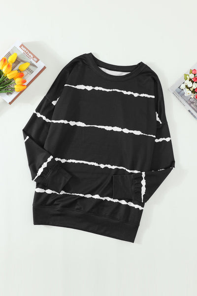 Women's Cozy Black Striped Long Sleeve Sweatshirt - Casual Chic with Effortless Style and Comfortable Fit