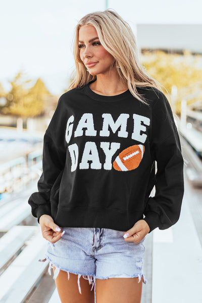 Women's Black Game Day Graphic Varsity Sweatshirt - Cozy Fit for Sports Fans, Perfect for Casual Outings and Tailgating