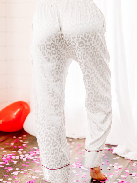 Leopard Print Satin Pajama Set with White Long Sleeve Top and Pants